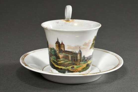 Meissen Biedermeier Tasse/UT mit lupenfeiner Ansicht "Stolpen", 19.Jh., H. 9cm, Goldrand berieben - Foto 1