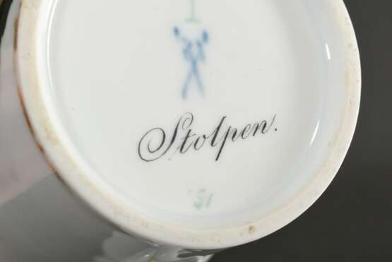Meissen Biedermeier Tasse/UT mit lupenfeiner Ansicht "Stolpen", 19.Jh., H. 9cm, Goldrand berieben - photo 5