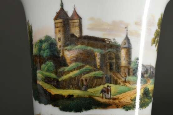 Meissen Biedermeier Tasse/UT mit lupenfeiner Ansicht "Stolpen", 19.Jh., H. 9cm, Goldrand berieben - photo 6