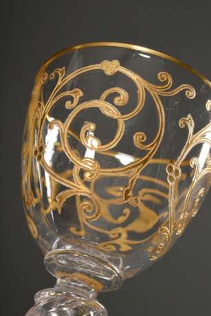 6 Saint Louis Gläser mit eiförmiger Kuppa und umlaufender Goldrankenmalerei über gewundenem Trichterfuß, Modell Cluny, Frankreich Anfang 20.Jh., H. 10cm, Gold berieben - Foto 3