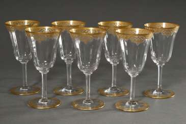 7 Gläser mit ornamentalem Goldrand in Saint Louis Art, H. 17,5cm