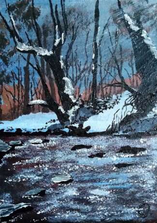Зима акрил на картоне Malerei mit Acrylfarben лесной пейзаж Landschaftsmalerei Weißrussland 2023 - Foto 1