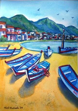 Причал с лодками Watercolor paper Watercolor painting морський пейзаж Лодки Ukraine 2024 - photo 1