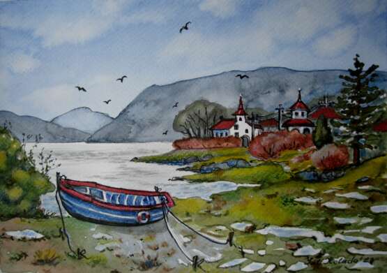 лодка причал Watercolor paper Watercolor Акварельная живопись Landscape painting Ukraine 2024 - photo 1