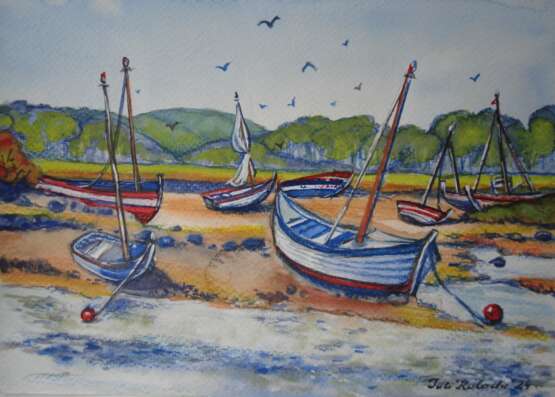 лодки причал Watercolor paper Watercolor painting морський пейзаж Mountain landscape Ukraine 2024 - photo 1