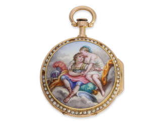 Taschenuhr: exquisite "Louis XV" Gold/Emaille-Spindeluhr mit…