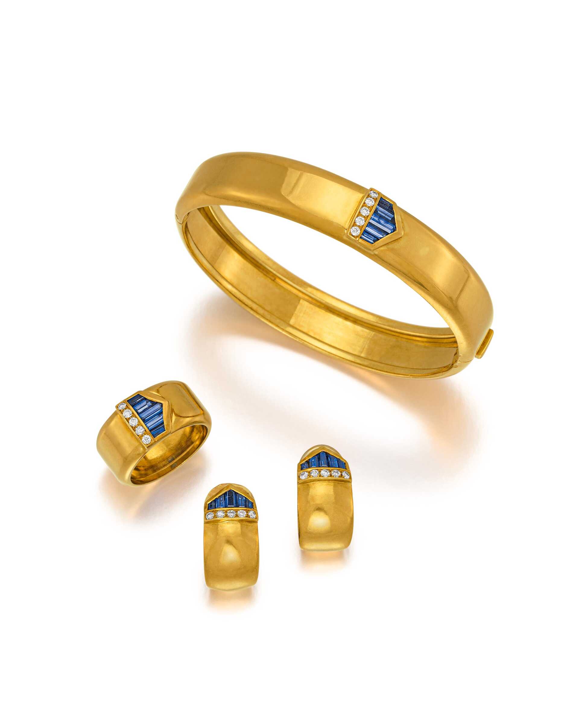 Sapphire-Diamond-Set: Bangle, Ring and Ear Clip-Ons