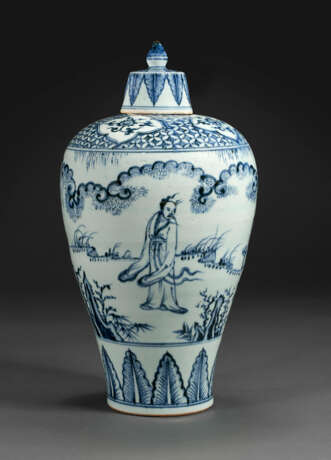A RARE BLUE AND WHITE `WINDSWEPT`-STYLE MEIPING AND COVER - Foto 1