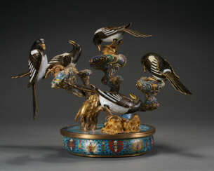 AN UNUSUAL CLOISONN&#201; ENAMEL BASIN WITH MAGPIES