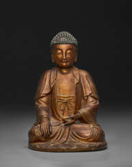 A GILT-LACQUERED WOOD SEATED FIGURE OF BUDDHA