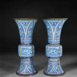 A PAIR OF RARE AND LARGE PAINTED ENAMEL GU-FORM VASES - фото 1