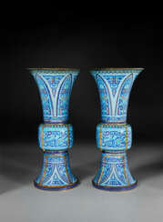 A PAIR OF RARE AND LARGE PAINTED ENAMEL GU-FORM VASES