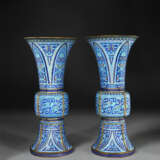 A PAIR OF RARE AND LARGE PAINTED ENAMEL GU-FORM VASES - фото 2
