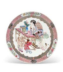 A FAMILLE ROSE &#39;EGGSHELL&#39; RUBY-BACK &#39;LADY AND CHILDREN&#39; DISH