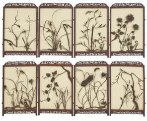 A PAIR OF SMALL HARDWOOD FOUR-PANEL HANGING SCREENS WITH IRON LANDSCAPE SCENES