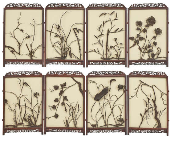 A PAIR OF SMALL HARDWOOD FOUR-PANEL HANGING SCREENS WITH IRON LANDSCAPE SCENES - photo 1