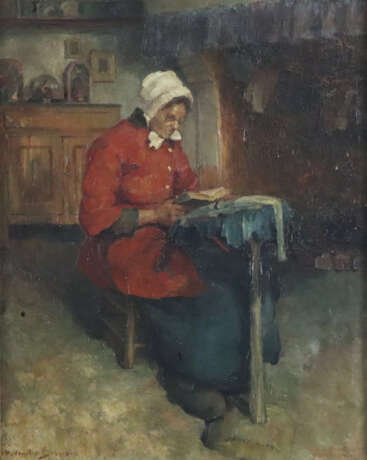 Bossche, Hubert van den (1874-1957) - Lesende Klöpplerin, Öl… - Foto 1