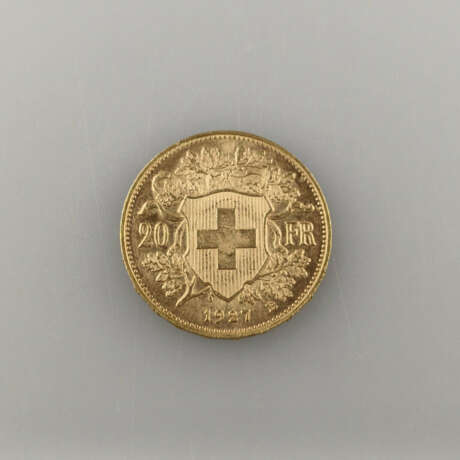 Goldmünze 20 Franken 1927 - Schweiz, Helvetia, "Vreneli"-Mot… - фото 2