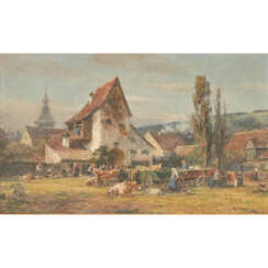 Chair Muller, CHARLES (1859-1930, a painter from Munich), "the cattle market in front of the village",