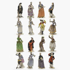 Komplette Serie von 16 Figuren der Commedia dellArte. Nymphenburg, nach Modell von F. A. Bustelli