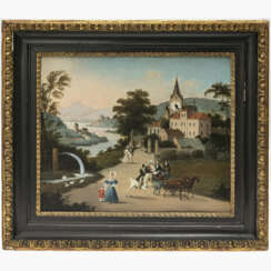 A clock painting depicting a Biedermeier society on an excursion on the edge of the village. Vienna, 1st half of the 19th century, E. Vintschger