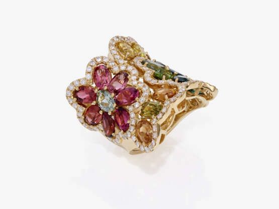 A magnificent floral stylized cocktail ring decorated with multi-coloured tourmalines and brilliant-cut diamonds. Germany - фото 1