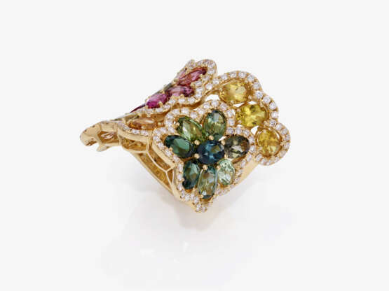 A magnificent floral stylized cocktail ring decorated with multi-coloured tourmalines and brilliant-cut diamonds. Germany - фото 2