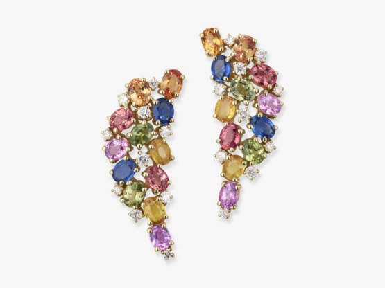 Cocktail stud earrings decorated with multi-coloured sapphires and brilliant-cut diamonds. Germany - фото 1