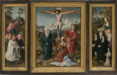 Flämisch (?) um 1520. Triptychon mit der Kreuzigung Christi
