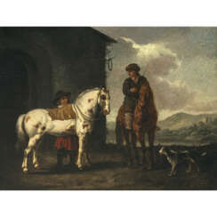 A. Cuyp (Aelbert Jacobsz. Cuyp, 1620 Dordrecht - 1691 ebenda, ?) 17. Jh.. Zwei Reiter mit Hund vor einem Stall