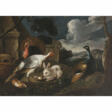 David de Coninck, Art des. Turkey couple, peacock, rabbit and hamster in front of the yard - Prix ​​des enchères