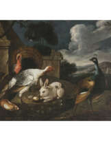 David de Coninck, Art des. Turkey couple, peacock, rabbit and hamster in front of the yard