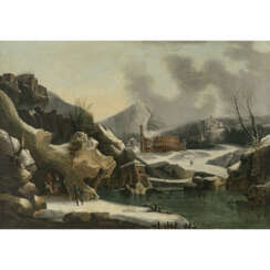 Francesco Foschi, zugeschrieben. Phantastische winterliche Gebirgslandschaft mit antiken Ruinen.