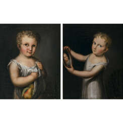 W. Drillert um 1816. Kind mit Spiegel - Kind mit Birnen