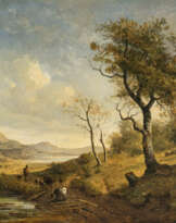 Franz Xaver von Hofstetten. Shore landscape with herders