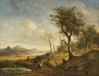 Franz Xaver von Hofstetten. Shore landscape with herders