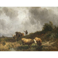 Johann Friedrich Voltz. Shepherd boy with cows at the water pond