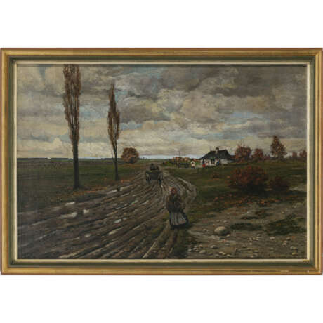 Józef Rapacki, zugeschrieben. Herbstliche Landstraße mit Fuhrwerk und Figurenstaffage - Foto 2
