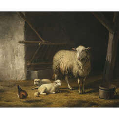Eugène Verboeckhoven. Sheep and a chicken in a stable