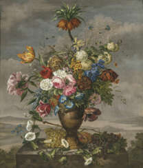 Österreich (?) 1st half of the 19th century. Still life with flowers and fruit in front of a landscape view