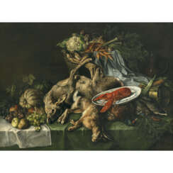 Friedrich van den Daele. Kitchen still life with lobster, hunted game and fruit