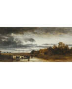 Eduard Schleich I. Eduard Schleich d. Ä.. Evening moorland landscape with cattle and farmstead