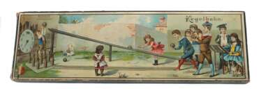 Kegelbahn Sala-Spiele, um 1900, Spiel zum Aufklappen, mit 3 …