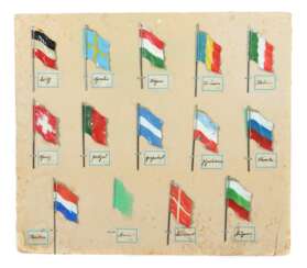 Mustertafel mit Blechflaggen Hausser, Vorkrieg, auf Karton o…