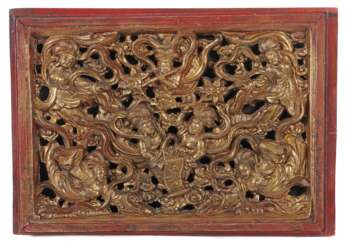 Schnitzbild China, Holz, Durchbruchsrelief von sieben schweb…