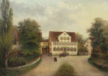 Maler des 19. Jh. ''Sonntag im Dorf'', Blick auf das Gebäude…