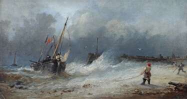 Maler des 19. Jh. ''Fischerboote am bewegtem Meeresufer'', D…