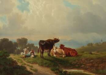 Maler des 19. Jh. ''Hirtin mit der Herde'' auf der Weide ruh…