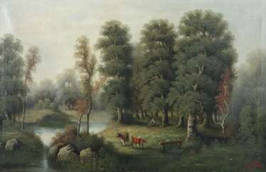Maler des 19. Jh. ''Hirtin mit Kühen am Flusslauf'', Darstel…