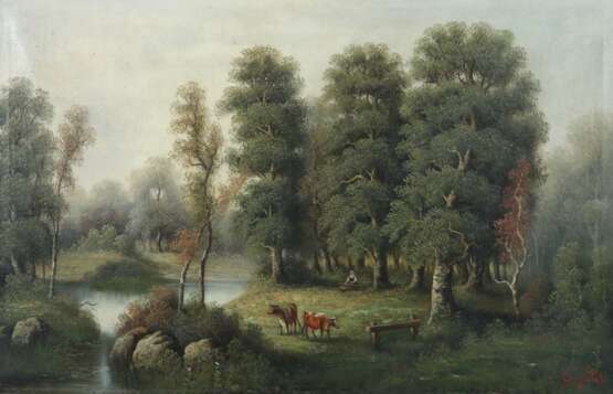 Maler des 19. Jh. ''Hirtin mit Kühen am Flusslauf'', Darstel… - Foto 1